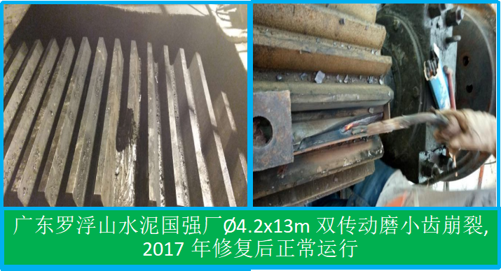 5.1 球磨機(jī)齒輪齒斷裂現(xiàn)場(chǎng)修復(fù)(羅浮山水泥國(guó)強(qiáng)廠)